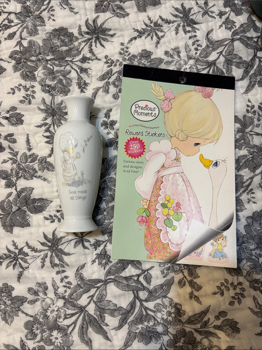Precious Moments Pink Floral Reward Sticker Book and small vase
